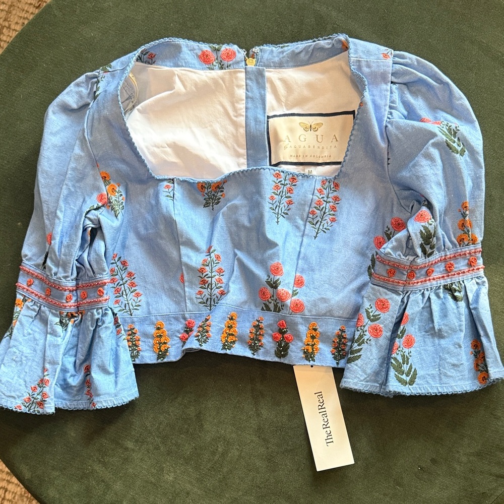 Agua by Agua Bendita Light Blue Floral Embroidered Top